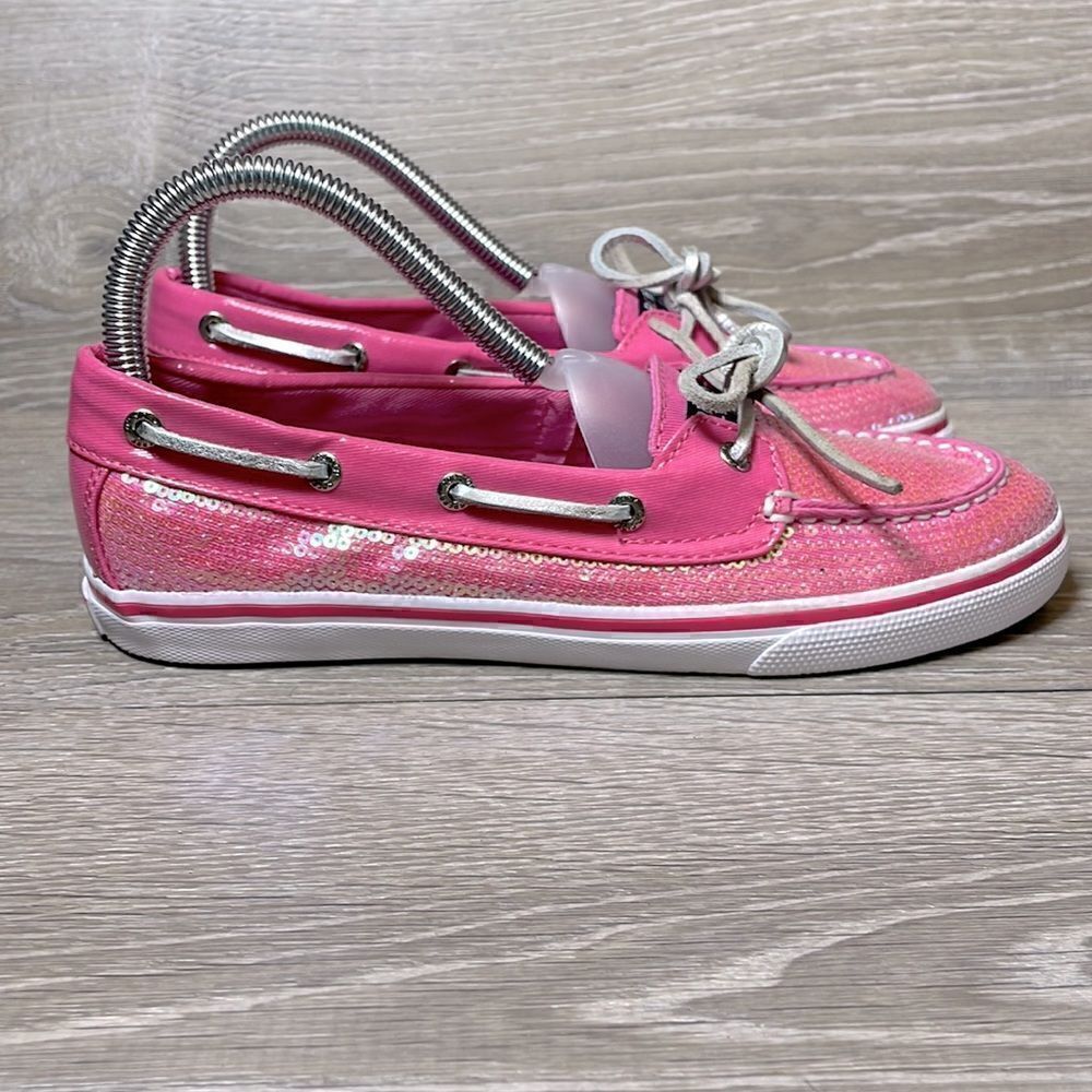 Sperry Top Sider Bahama One Eye Big Girl Sz 5M Pink Sequin Slip On Boat Shoe